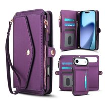 For iPhone Air【RFID Blocking】Multi functional 2-in-1 Soft PU Leather Wallet Case Magnetic Flip Cover Multi-Card Slots Zipper Pocket With Detachable Shoulder Strap And Wrist Strap,Purple