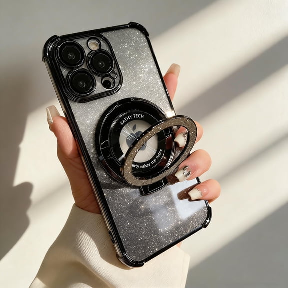 for iPhone Air Ring Stand Case Compatible with Mag-Safe, [Never Yellowing] [Clear Back + Glitter Bling Paper] Camera Lens Protector Plating Clear Phone Cover for Women Girls, Black
