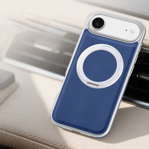 for iPhone Air Ring Stand Case, Protective Slim with Kickstand Shockproof Phone Case, Invisible Stand Lychee Texture Plain PU Leather Phone Cover Compatible for iPhone Air, Blue
