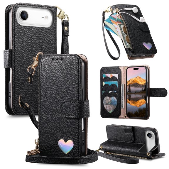 for iPhone Air Wallet Case, Built-in Card Holder Zipper Pocket Wrist Strap Kickstand, Lychee Texture PU Leather Heart Pattern Protective Phone Case Women Girls, Full Body Protection, Black