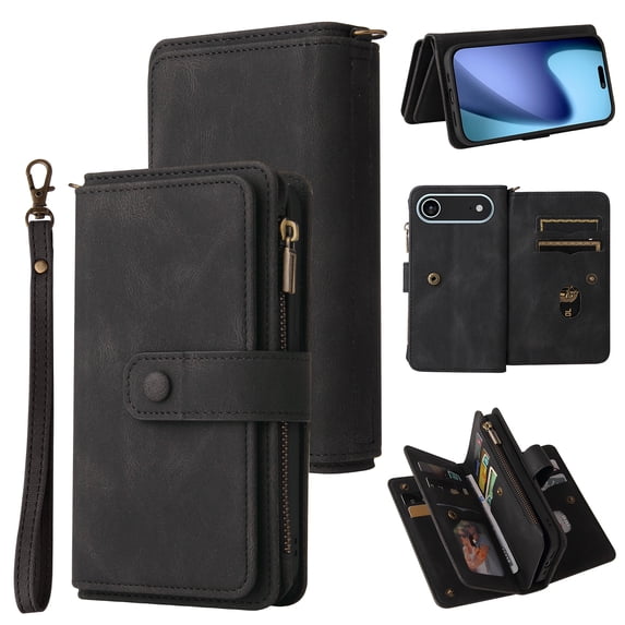 for iPhone Air Wallet Case, Classic PU Leather Wrist Strap PU Leather Kickstand Card Slots Heavy Duty Protection Zipper Pocket Rugged Phone Case Cover for iPhone Air, Black