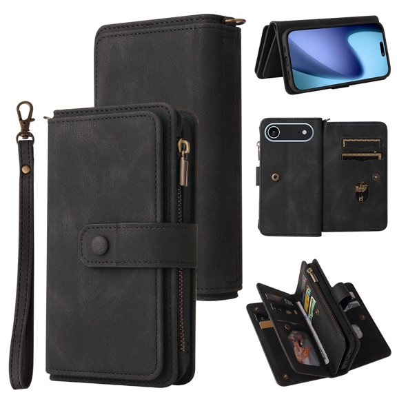 for iPhone Air Wallet Case, Classic PU Leather Wrist Strap PU Leather Kickstand Card Slots Heavy Duty Protection Zipper Pocket Rugged Phone Case Cover for iPhone Air, Black
