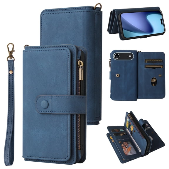 for iPhone Air Wallet Case, Classic PU Leather Wrist Strap PU Leather Kickstand Card Slots Heavy Duty Protection Zipper Pocket Rugged Phone Case Cover for iPhone Air, Blue