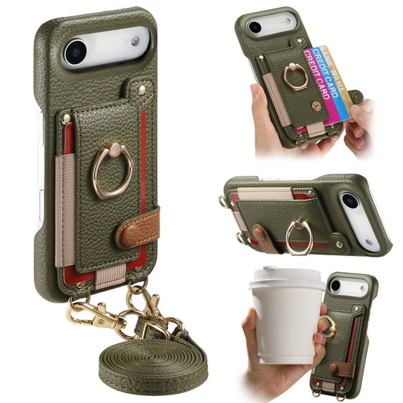 for iPhone Air Wallet Case with Elastic Card Holder & 360° Rotatable Ring Stand, Vintage PU Leather Kickstand Slim Fit Shockproof Cover with Shoulder Strap for iPhone Air - Midnightgreen