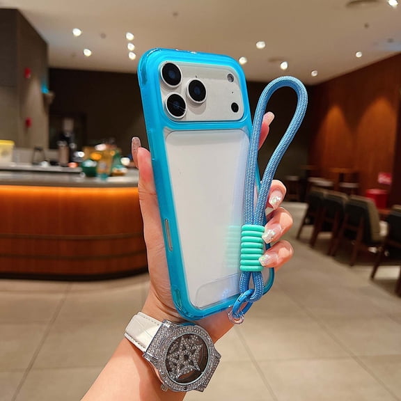 for iPhone Air Wireless Charging Back Case with Wrist Strap, Luxury Ultra Slim PC+TPU Transparent Anti-Scratch Shockproof Anti-Fingerprint Lightweight Non-Slip Phone Case Cover, Blue