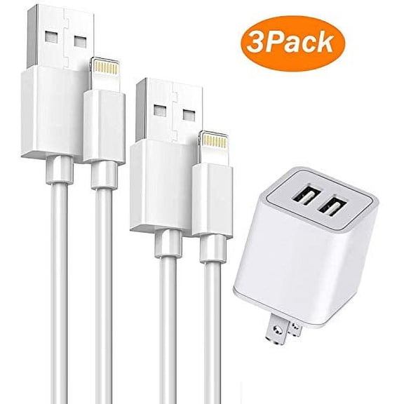 iPhone Cable with Wall Plug, V.I.P 2-Port USB Wall Charger Dual Port Adapter Block 2.1A/5V with 2-Pack Charging Cable 3Ft / 6Ft Compatible for iPhone X/8/7/6S Plus SE/5S/5C, iPad