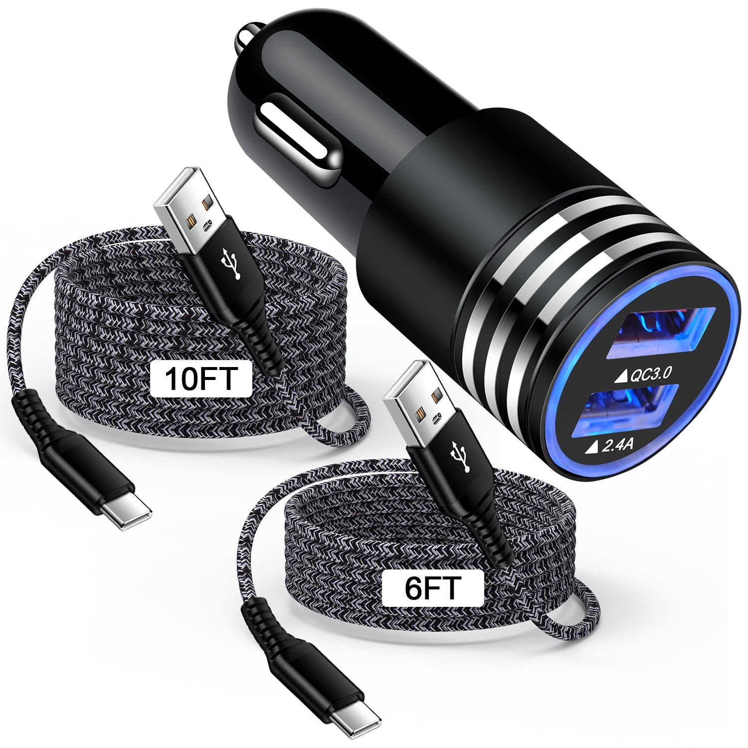 iphone car charger cigarette lighter adapter iPhone Car Charger,30W Dual Port USB Car Charger Adapter with 2PACK Type C  Charger Cable 6ft 10ft Fast Charging Cable USB C Charger Cords Car