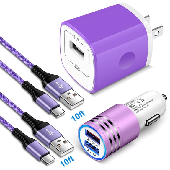 iPhone Car Charger,30W Dual USB Car Charger Adapter+5V/1A USB Charger Block Adapter w/ 2Pack 10FT Phone Cords Type C Charger Cable USB C Fast Charging Cable 10ft for iPhone15 Android Charger Block