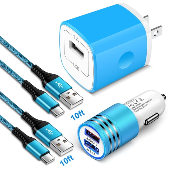 iPhone Car Charger,30W Dual USB Car Charger Adapter+5V/1A USB Charger Block Adapter w/ 2Pack 10FT Phone Cords Type C Charger Cable USB C Fast Charging Cable 10ft for iPhone15 Android Charger Block