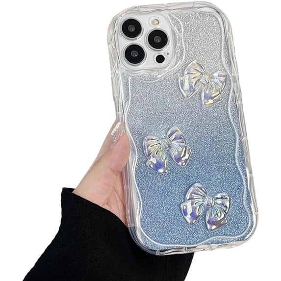for iPhone Case,3D Bow Glitter Crystal Sparkle Sparkly Gradient Bumper Clear Camera Lens Protection Soft Shockproof Phone Case (Blue,iPhone 15 Pro Max)