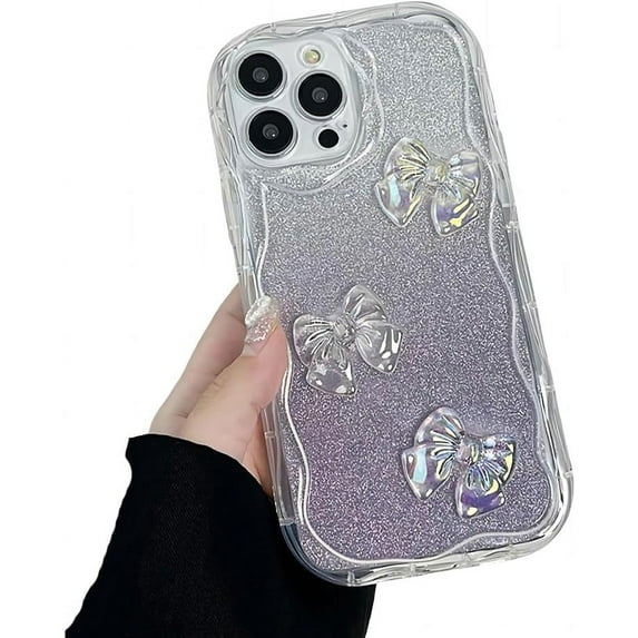 for iPhone Case,3D Bow Glitter Crystal Sparkle Sparkly Gradient Bumper Clear Camera Lens Protection Soft Shockproof Phone Case (Purple,iPhone 15 Pro Max)