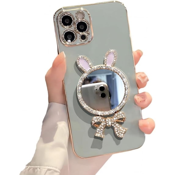 for iPhone Case,3D Bow Glitter Diamond Mirror Makeup Bling Electroplated Bumper Camera Lens Protection Soft Shockproof Phone Case (Green,iPhone 15 Plus)