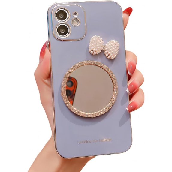 for iPhone Case,3D Bow Glitter Diamond Mirror Makeup Bling Electroplated Bumper Camera Lens Protection Soft Shockproof Phone Case (Purple,iPhone 12 Pro)