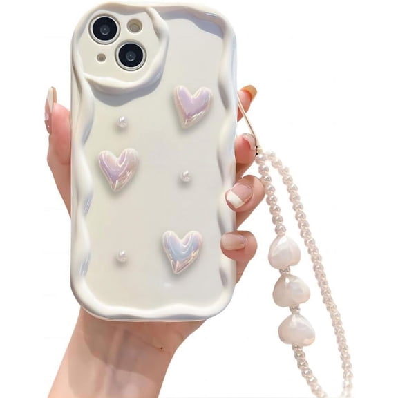 for iPhone Case,3D Love Heart Aesthetic Glitter Pretty Crystal Sparkle with Heart Wristband Strap Bracelet Chain Shockproof Cover Phone Case (Pink,iPhone 13 Pro)