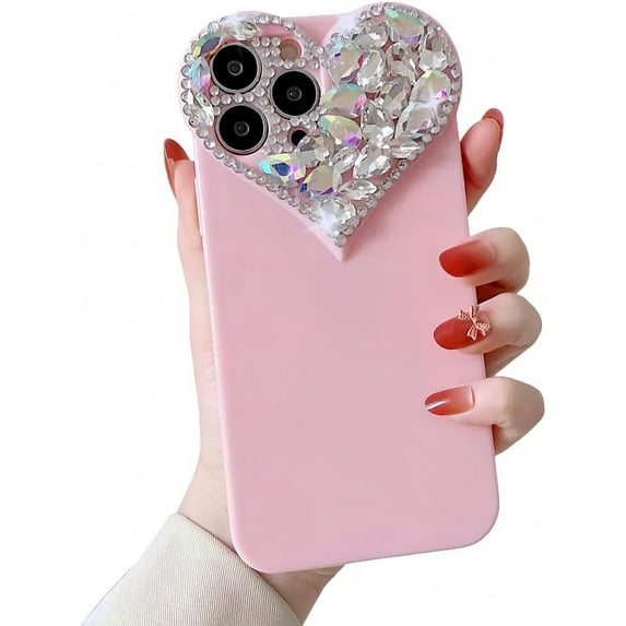 for iPhone Case,3D Love Heart Crystal Diamend Rhinestone Sparkle Sparkly Bumper Camera Lens Protection Soft Shockproof Phone Case (Pink,iPhone 14 Pro)