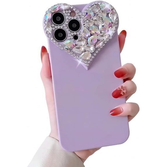 for iPhone Case,3D Love Heart Crystal Diamend Rhinestone Sparkle Sparkly Bumper Camera Lens Protection Soft Shockproof Phone Case (Purple,iPhone 14 Pro)