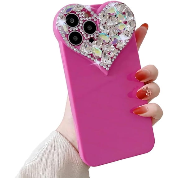 for iPhone Case,3D Love Heart Crystal Diamend Rhinestone Sparkle Sparkly Bumper Camera Lens Protection Soft Shockproof Phone Case (Rose Red,iPhone 14)