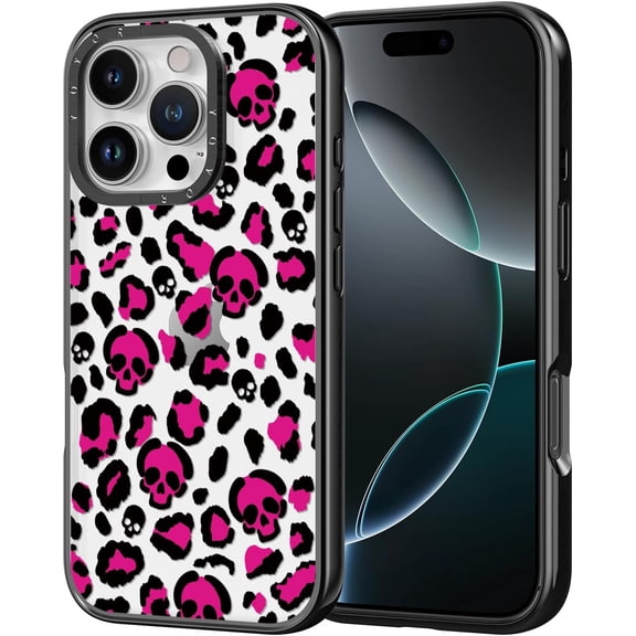 for iPhone Case - [6.6 ft Military-Grade Drop Protection] [Anti-Peel Technology] Clear Black TPU Bumper Case with Cute Design (Leopard Print with Skulls, iPhone 16 Pro)