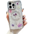 thumbnail image 1 of for iPhone Case,[Compatible with MagSafe] Luxury Drip Glue Real Press Flower Glitter Bling Sparkly Rhinostone Shockproof Phone Case (Purple,iPhone 15), 1 of 6