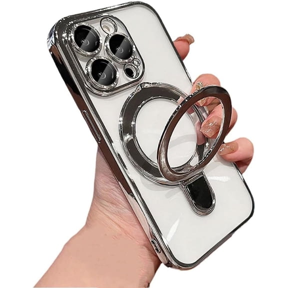 for iPhone Case,[Compatible with MagSafe] Ring Stand Holder Kickstand Electroplated Bumper Camera Lens Protection Clear Soft Shockproof Cover Phone Case (Silver,iPhone 13)