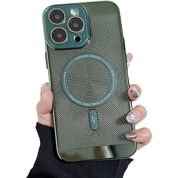 for iPhone Case,[Compatible with MagSafe] electroplated 3D Hollow Mesh Heat Dissipation Breathable Camera Lens Protection Shockproof Cover Phone Case (Green,iPhone 13 Pro Max)
