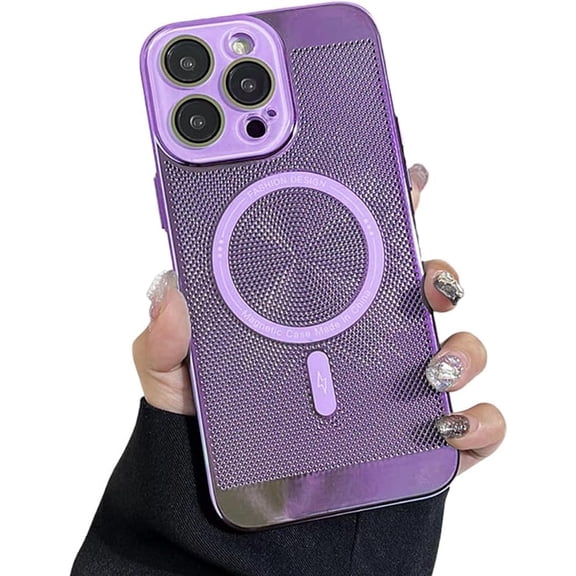 for iPhone Case,[Compatible with MagSafe] electroplated 3D Hollow Mesh Heat Dissipation Breathable Camera Lens Protection Shockproof Cover Phone Case (Purple,iPhone 15 Pro)