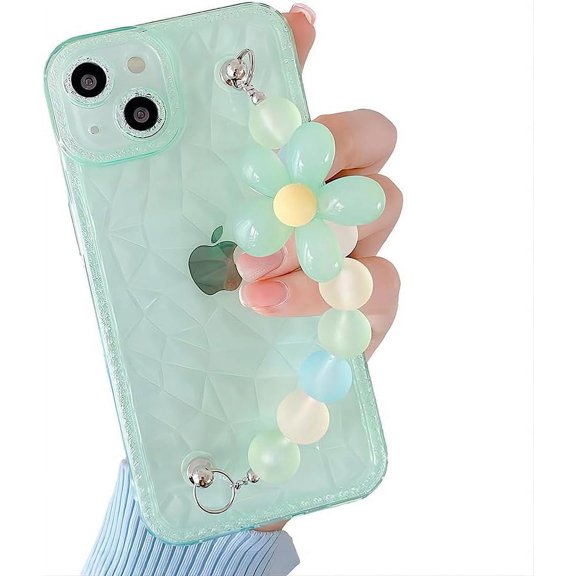 for iPhone Case,Cute Crystal Bling Glitter Rhombus Pattern with Pearl Flower Hand Bracelet Silicone Camera Lens ProtectionSoft Shockproof Phone Case (Green,iPhone 13 Pro Max)