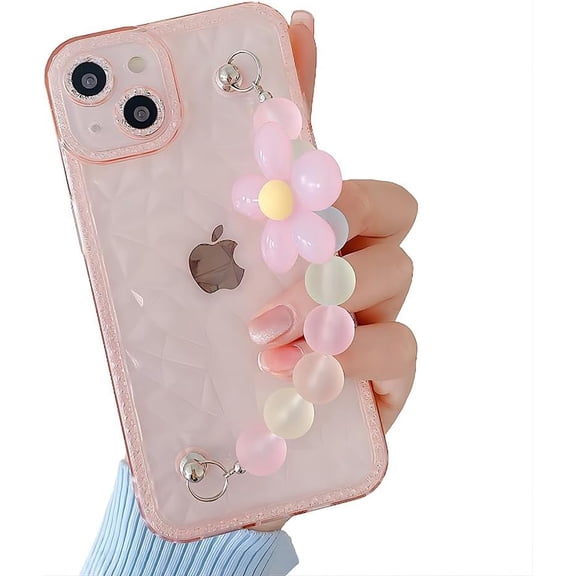 for iPhone Case,Cute Crystal Bling Glitter Rhombus Pattern with Pearl Flower Hand Bracelet Silicone Camera Lens ProtectionSoft Shockproof Phone Case (Pink,iPhone 14 Pro)