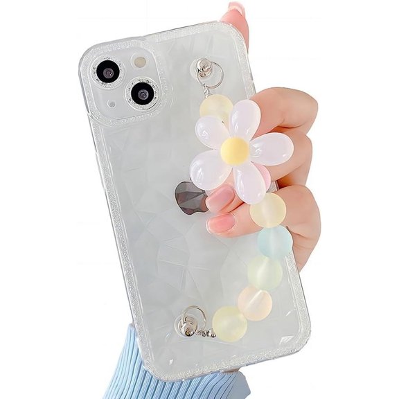 for iPhone Case,Cute Crystal Bling Glitter Rhombus Pattern with Pearl Flower Hand Bracelet Silicone Camera Lens ProtectionSoft Shockproof Phone Case (White,iPhone 13 Pro)