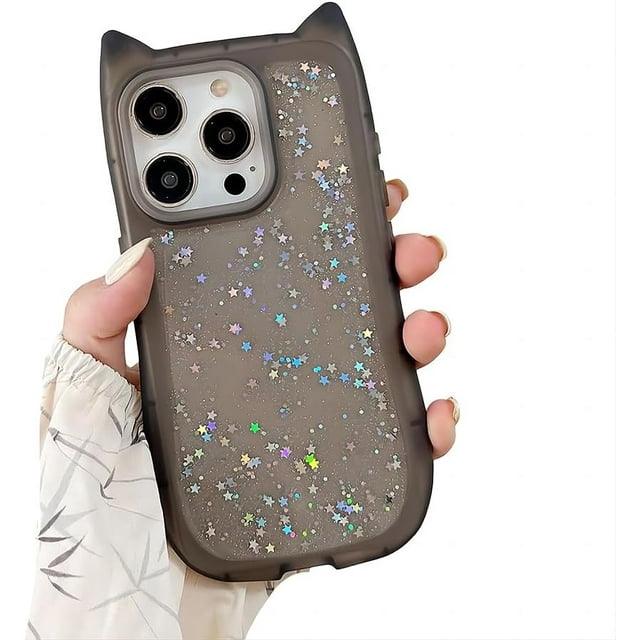 for iPhone Case,Cute Glitter Sparkle Sparkly Silicone Cat Ear Translucent Frame Shape Camera Lens Protection Soft Shockproof Phone Case (Black,iPhone 13 Pro Max)