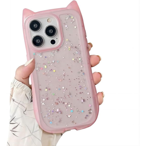 for iPhone Case,Cute Glitter Sparkle Sparkly Silicone Cat Ear Translucent Frame Shape Camera Lens Protection Soft Shockproof Phone Case (Pink,iPhone 14)