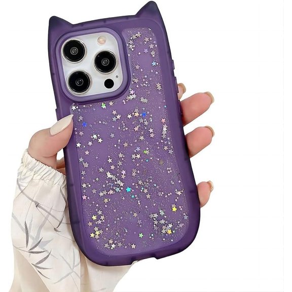 for iPhone Case,Cute Glitter Sparkle Sparkly Silicone Cat Ear Translucent Frame Shape Camera Lens Protection Soft Shockproof Phone Case (Purple,iPhone 15 Pro Max)