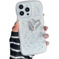 thumbnail image 1 of for iPhone Case,Cute Water Wave Bubble Shape Frame 3D Love Heart Pearl Glitter Star Silicone Camera Lens Protection Soft Shockproof Phone Case (White,iPhone 15 Pro), 1 of 6