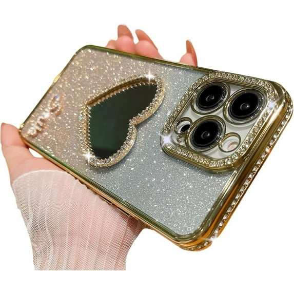 for iPhone Case,Glitter Crystal Diamend Rhinestone Sparkle Sparkly Love Heart Mirror Gradient Bumper Camera Lens Protection Soft Shockproof Phone Case (Gold,iPhone 13 Pro Max)