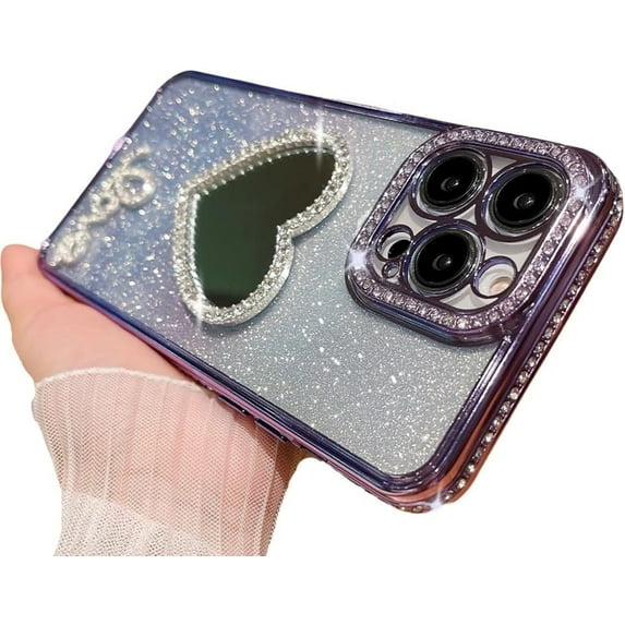for iPhone Case,Glitter Crystal Diamend Rhinestone Sparkle Sparkly Love Heart Mirror Gradient Bumper Camera Lens Protection Soft Shockproof Phone Case (Purple,iPhone 13 Pro Max)