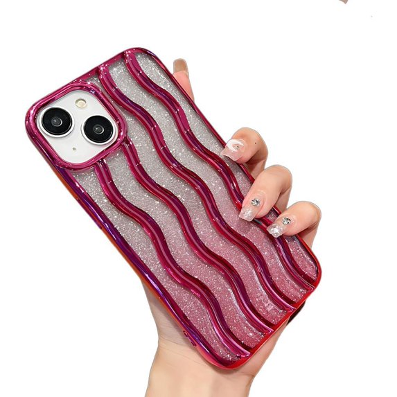 for iPhone Case,Glitter ElectroPlated Water Ripple Gradient Curly Wave Frame Bumper Camera Lens Protection Soft Shockproof Phone Case (Red,iPhone 15 Plus)