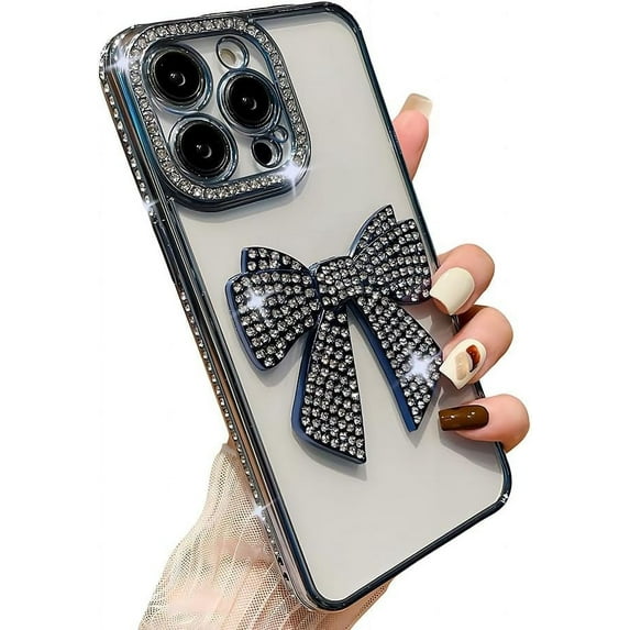 for iPhone Case,Luxury Crystal Diamend Rhinestone Sparkle Sparkly with 3D Bow Camera Lens Protection Clear Soft Shockproof Phone Case (Blue,iPhone 15)