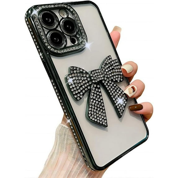 for iPhone Case,Luxury Crystal Diamend Rhinestone Sparkle Sparkly with 3D Bow Camera Lens Protection Clear Soft Shockproof Phone Case (Green,iPhone 13 Pro Max)