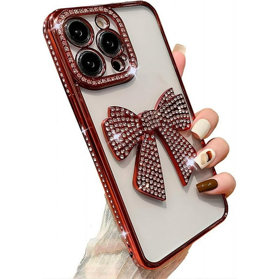 for iPhone Case,Luxury Crystal Diamend Rhinestone Sparkle Sparkly with 3D Bow Camera Lens Protection Clear Soft Shockproof Phone Case (Red,iPhone 13 Pro Max)