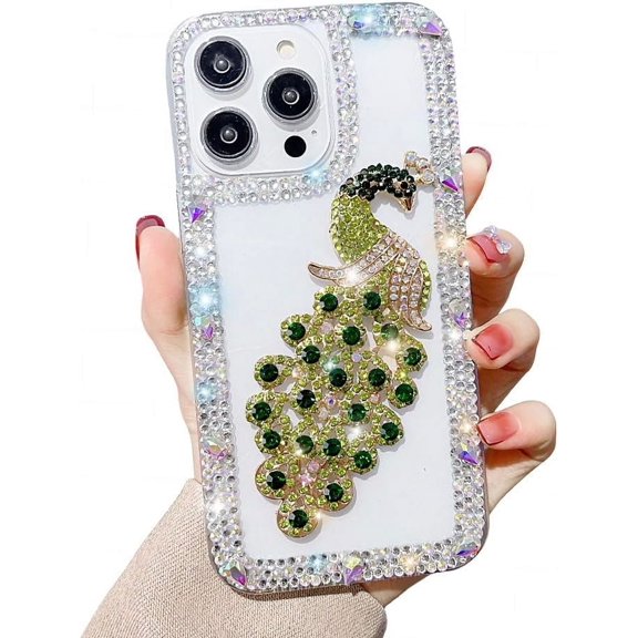 for iPhone Case,Luxury Crystal Glitter Peacock Bling Sparkly Diamond Pattern Bumper Camera Lens Protection Soft Shockproof Phone Case (Green,iPhone 14 Plus)