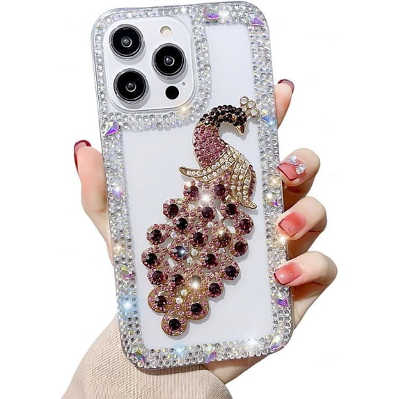 for iPhone Case,Luxury Crystal Glitter Peacock Bling Sparkly Diamond Pattern Bumper Camera Lens Protection Soft Shockproof Phone Case (Pink,iPhone 11 Pro Max)