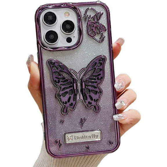 for iPhone Case,Luxury ElectroPlated 3D Butterfly Stand Holder Kickstand Gradient Glitter Bumper Camera Lens Protection Soft Shockproof Phone Case (Purple,iPhone 15)
