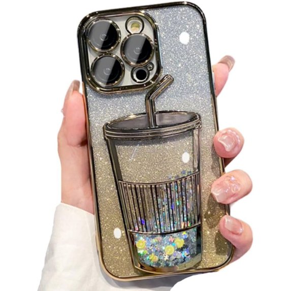 for iPhone Case,Luxury ElectroPlated 3D Cup Glitter Sparkle Sparkly Gradient Bumper Camera Lens Protection Soft Shockproof Phone Case (Gold,iPhone 15)