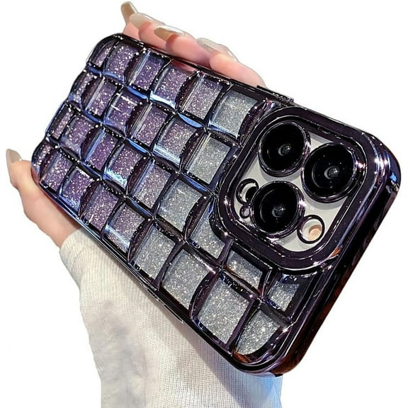 for iPhone Case,Luxury ElectroPlated Clear Glitter Grid Gradient Soft TPU Silicone Camera Lens Protection Soft Shockproof Phone Case (Purple,iPhone 15 Plus)