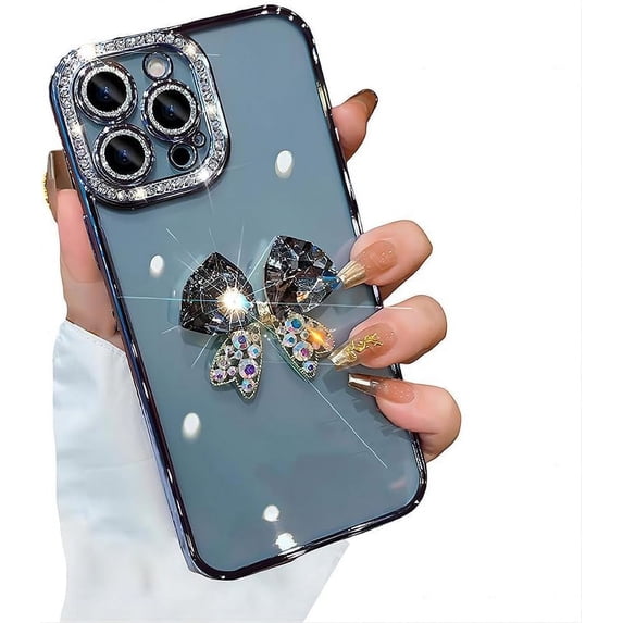 for iPhone Case,Luxury ElectroPlated Crystal Diamend Rhinestone Glitter Sparkle Sparkly 3D Butterfly Camera Lens Protection Soft Shockproof Phone Case (Blue,iPhone 15 Pro Max)
