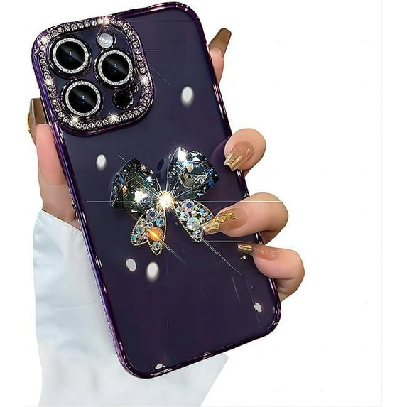 for iPhone Case,Luxury ElectroPlated Crystal Diamend Rhinestone Glitter Sparkle Sparkly 3D Butterfly Camera Lens Protection Soft Shockproof Phone Case (Purple,iPhone 13)