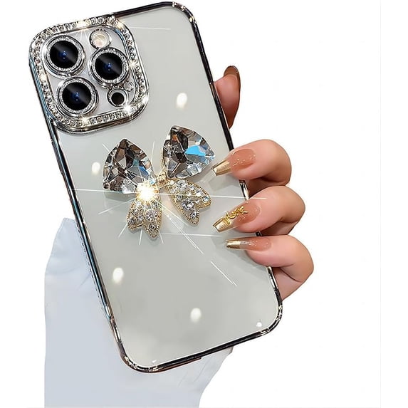 for iPhone Case,Luxury ElectroPlated Crystal Diamend Rhinestone Glitter Sparkle Sparkly 3D Butterfly Camera Lens Protection Soft Shockproof Phone Case (Silver,iPhone 14 Pro Max)