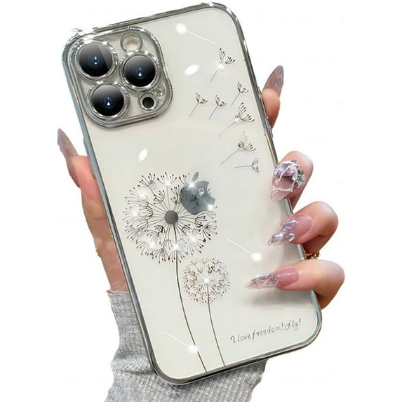 for iPhone Case,Luxury ElectroPlated Dandelion Pattern with Crystal Diamend Rhinestone Camera Lens Protection Shockproof Phone Case (Silver,iPhone 12 Pro)