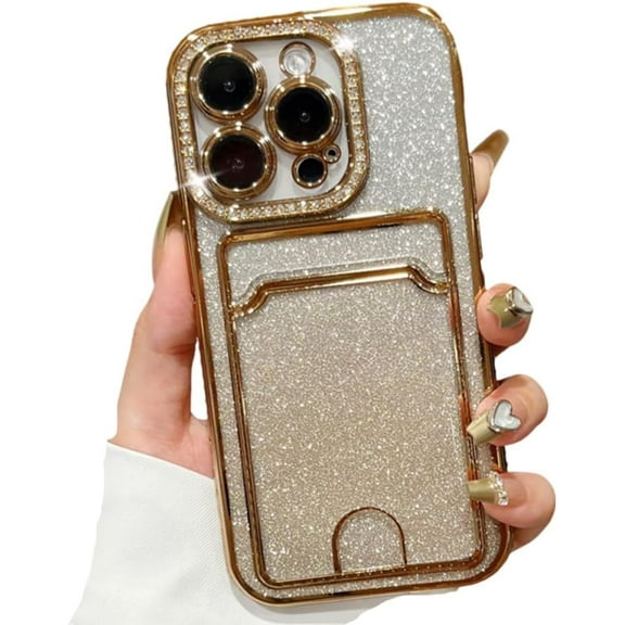 for iPhone Case,Luxury ElectroPlated Glitter Sparkle Sparkly Gradient Card Holder Slots Camera Lens Protection Soft Shockproof Phone Case (Gold,iPhone 13 Pro)