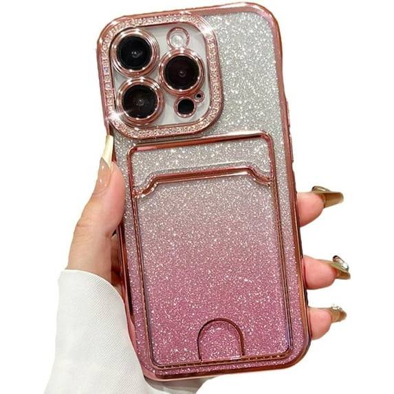 for iPhone Case,Luxury ElectroPlated Glitter Sparkle Sparkly Gradient Card Holder Slots Camera Lens Protection Soft Shockproof Phone Case (Rose Pink,iPhone 14)